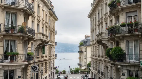 Immeuble résidentiel genevois avec vue sur le lac Léman, architecture typique du canton