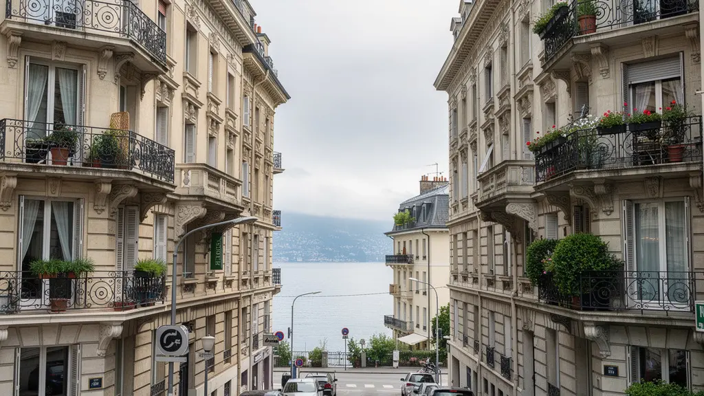 Immeuble résidentiel genevois avec vue sur le lac Léman, architecture typique du canton