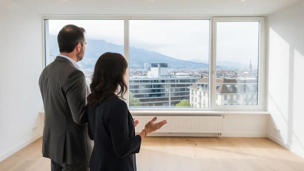 Agent immobilier présentant un appartement lumineux à Genève lors d'une visite