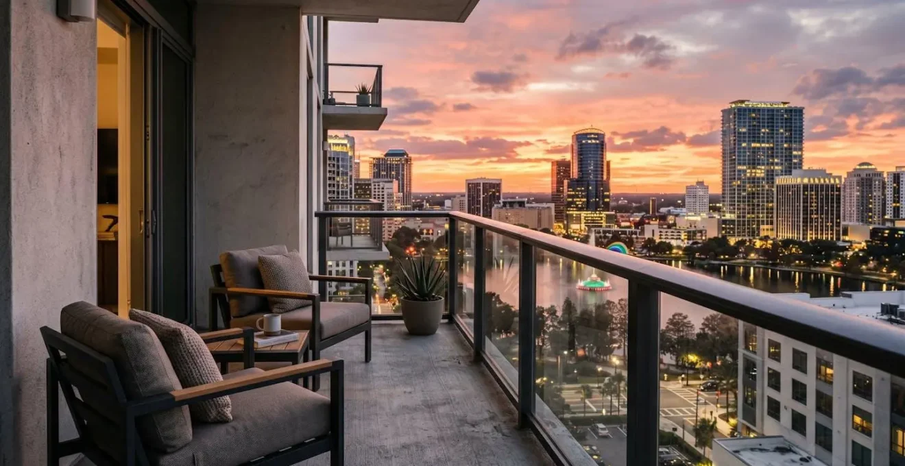 Balcon d'appartement moderne avec vue panoramique sur les gratte-ciels de Downtown Orlando au coucher du soleil