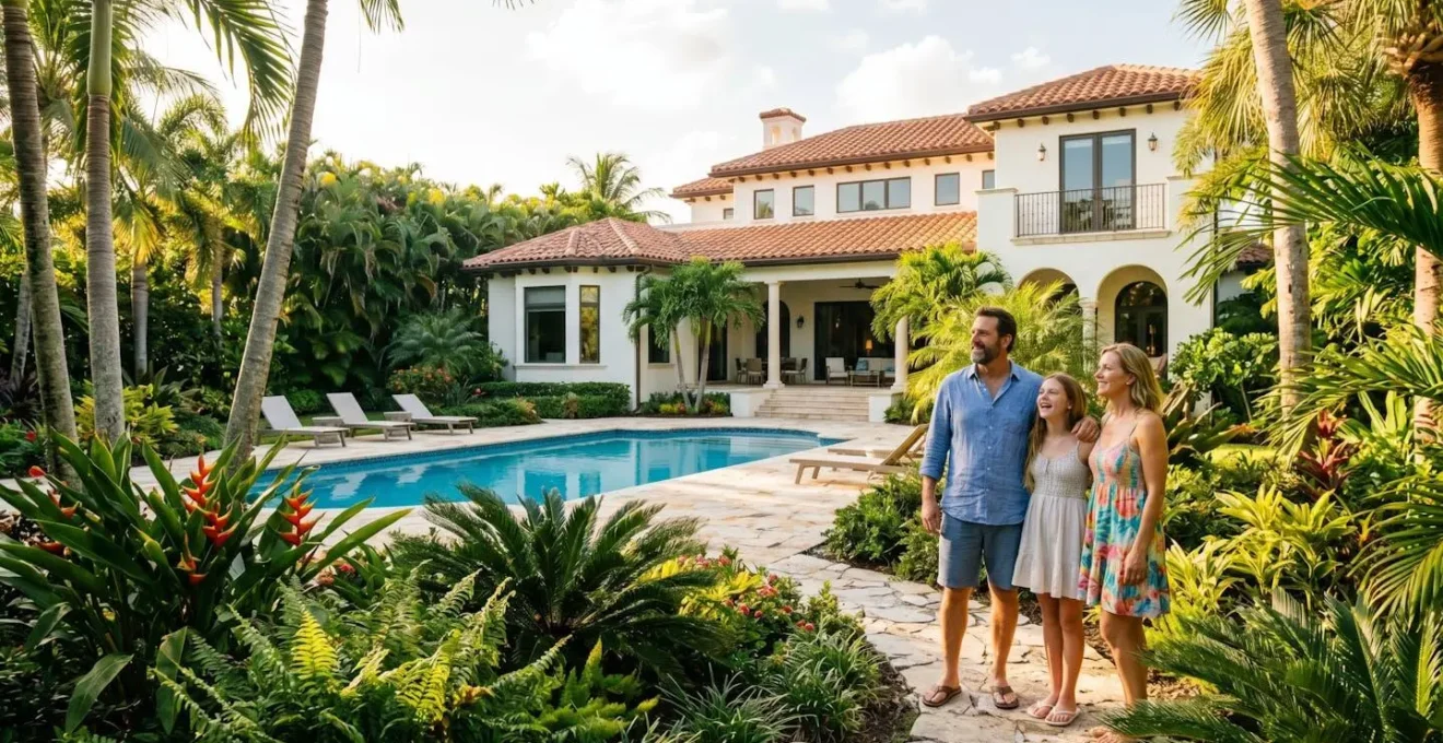 Famille française observant une villa avec piscine sous le soleil de Floride lors d'une visite immobilière