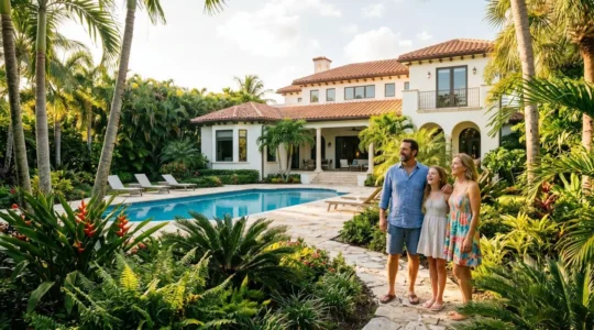 Famille française observant une villa avec piscine sous le soleil de Floride lors d'une visite immobilière