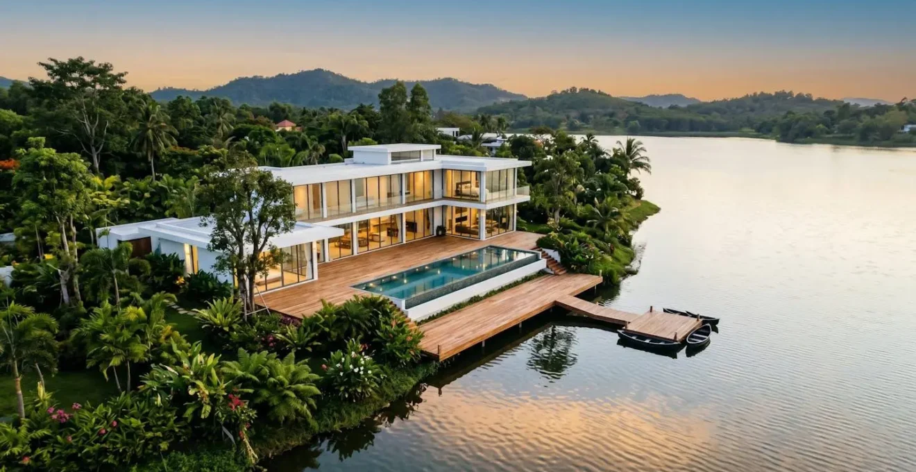 Villa contemporaine haut de gamme en bord de lac avec ponton privé et baies vitrées illuminées au crépuscule