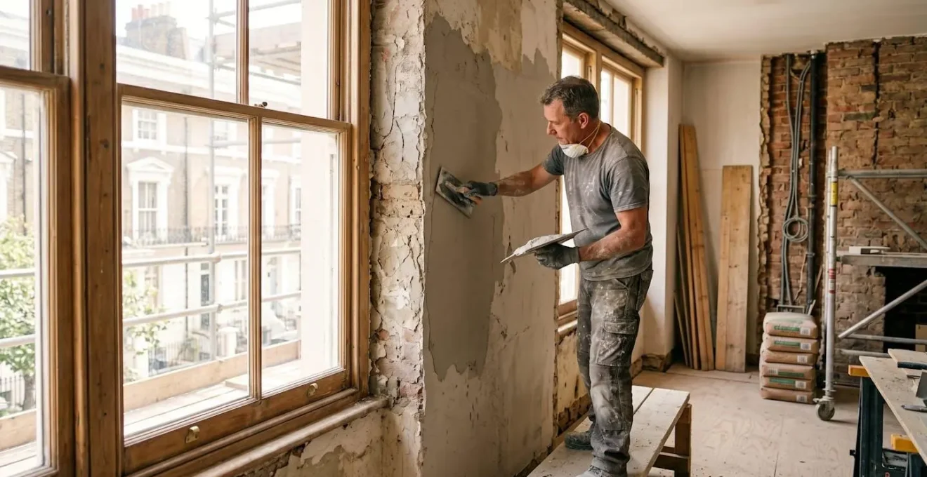 Un artisan en train de rénover un mur intérieur dans un appartement en cours de travaux, lumière naturelle entrante par une fenêtre