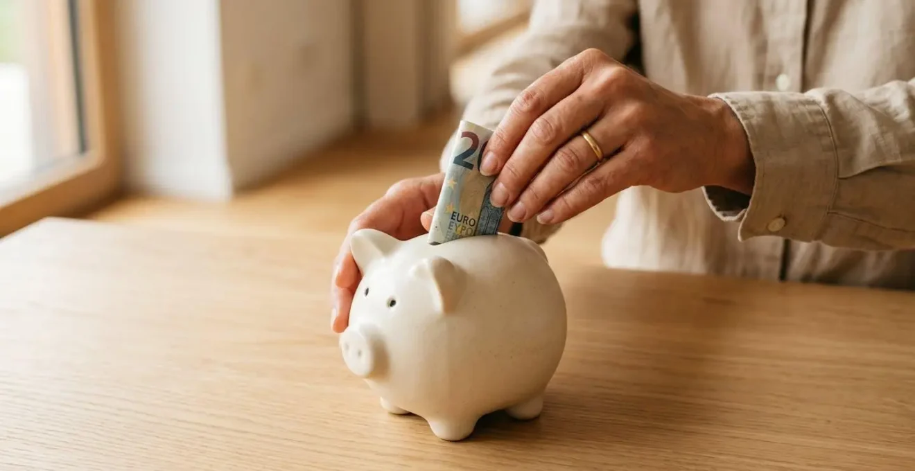 Mains d'une personne déposant un billet dans une tirelire sur un bureau épuré, symbolisant l'épargne progressive pour un projet immobilier