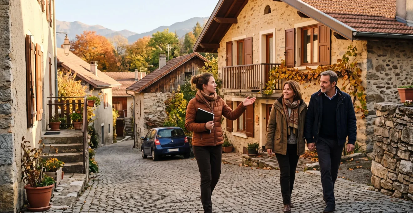 Une agente immobilière se déplace avec un couple de vendeurs devant des maisons individuelles d'un village de montagne français.