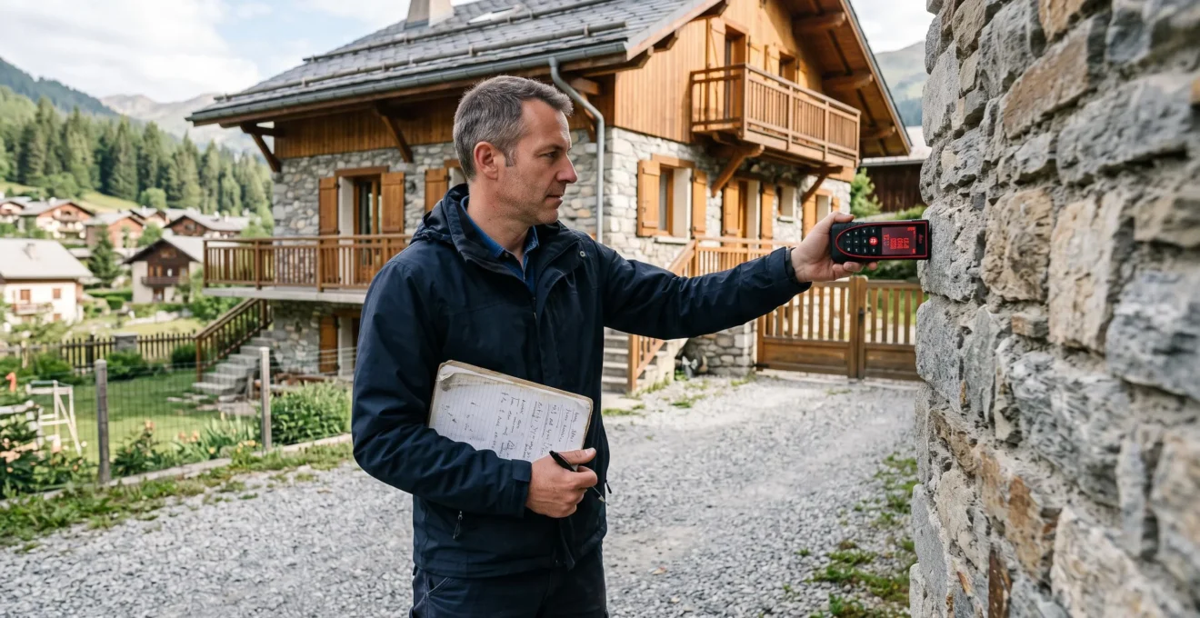 Un agent immobilier mesure la façade d'une maison individuelle avec un télémètre laser devant une propriété de montagne française.