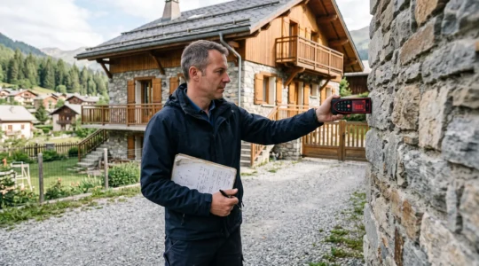 Un agent immobilier mesure la façade d'une maison individuelle avec un télémètre laser devant une propriété de montagne française.