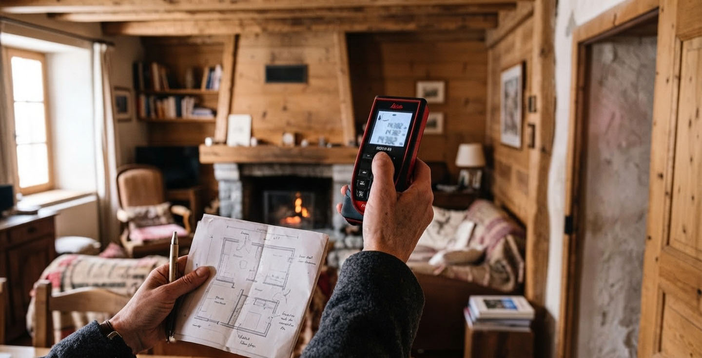 Gros plan sur des mains utilisant un télémètre laser pour mesurer une pièce à poutres apparentes d'une maison de montagne.